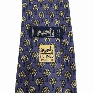 Hermes Mens Tie Floral Trees Purple & Khaki Silk 7544 SA 3.25" (W) x 58" (L) euc